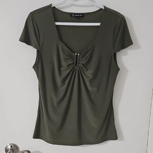 Olive Green Gathered V-Neck Cap Sleeve Top